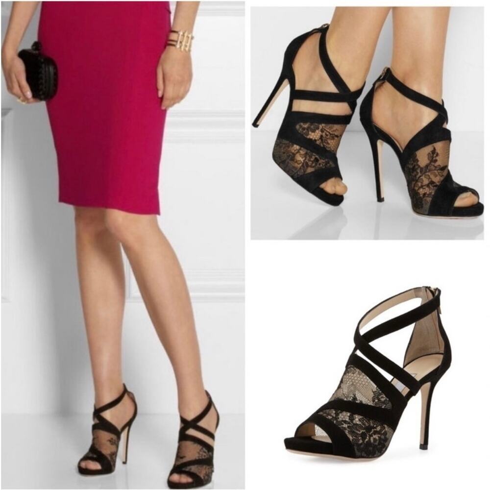 Jimmy Choo Vantage Black Suede Lace Glove Sandals EU 39 Stiletto Romantic Goth